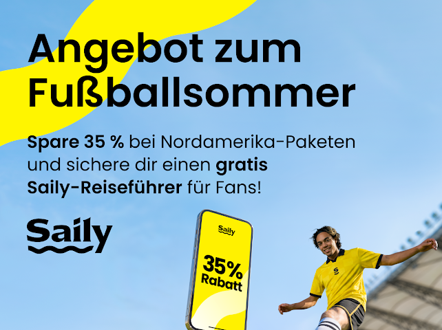 Saily WM 2026 — 35 % Rabatt auf Nordamerika-Pakete + gratis Reiseführer für Fans